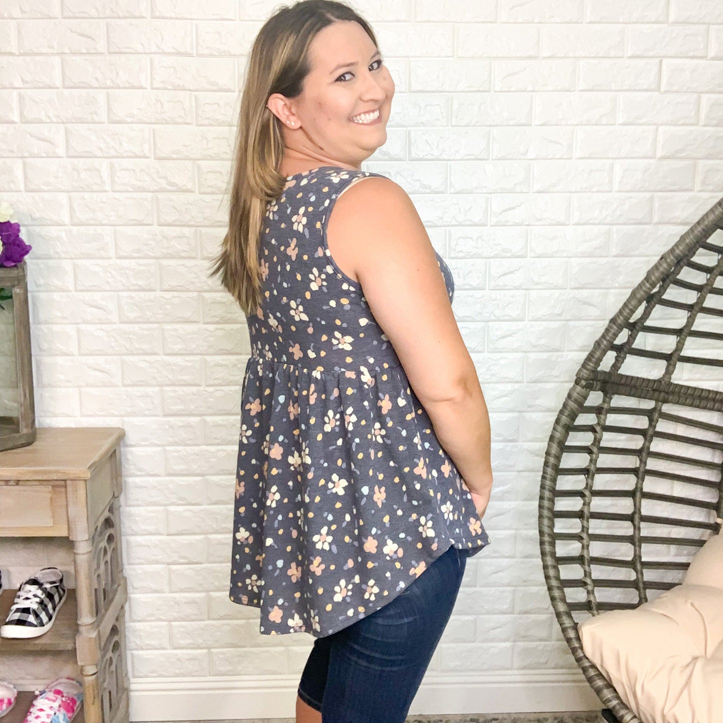 "Mae" Floral Babydoll Tank Button Front Detail