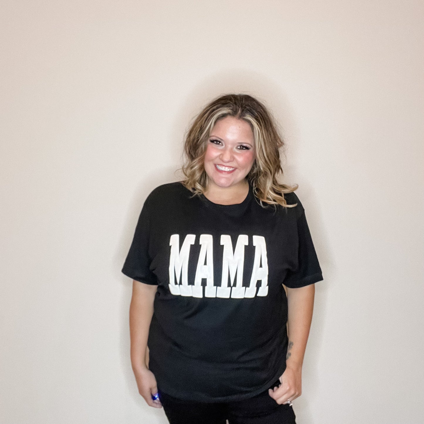 "Mama" White Glitter Puff Graphic Tee