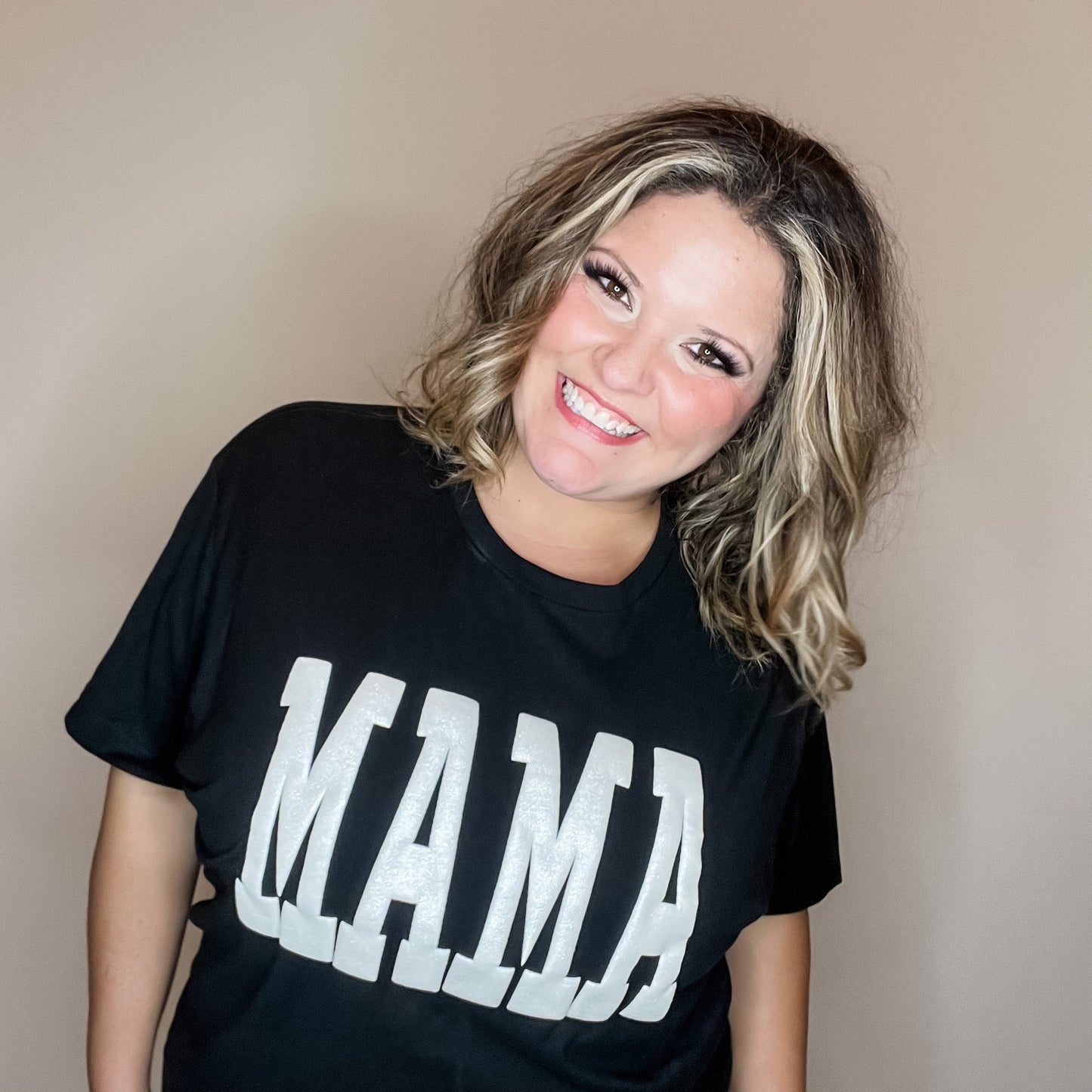 "Mama" White Glitter Puff Graphic Tee