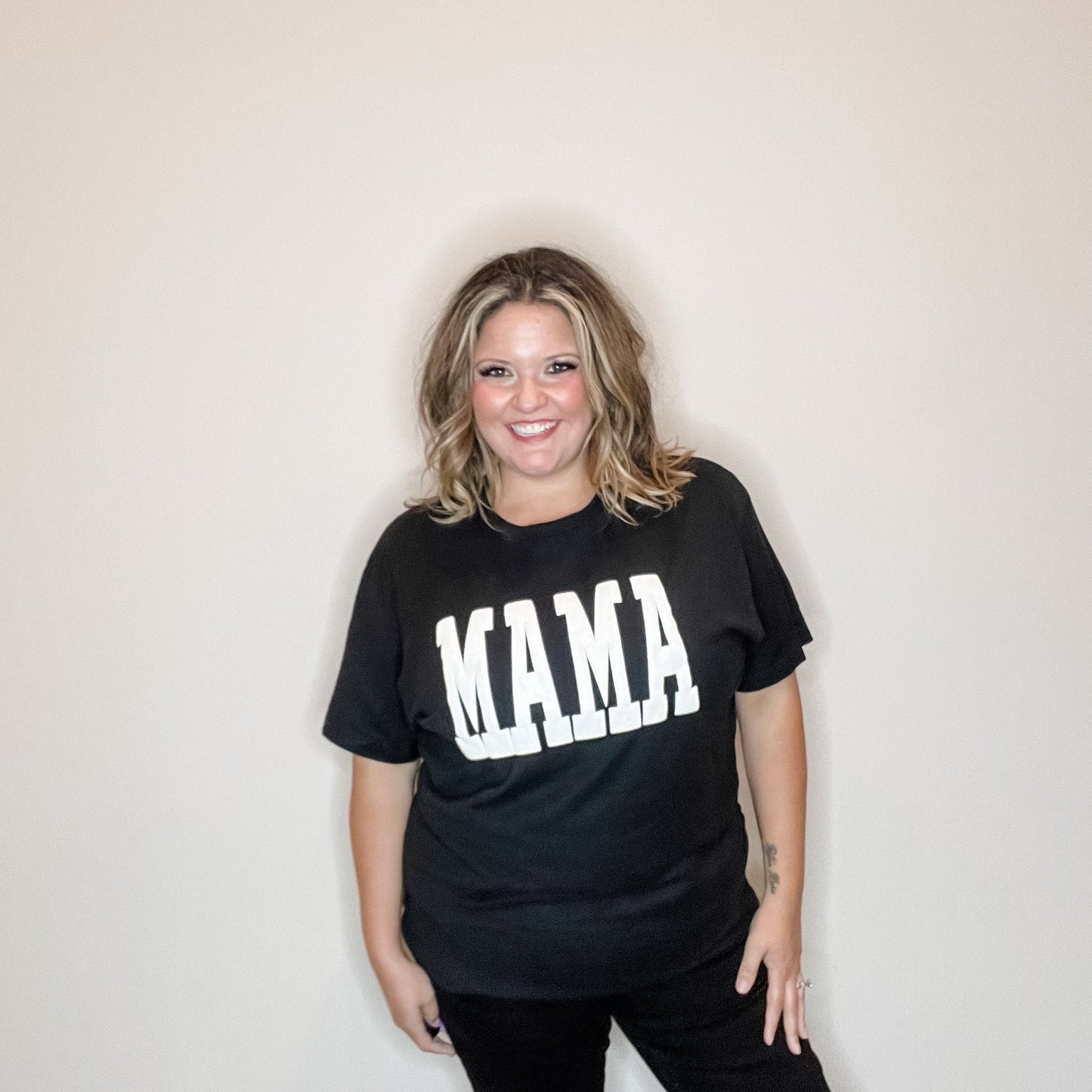 "Mama" White Glitter Puff Graphic Tee