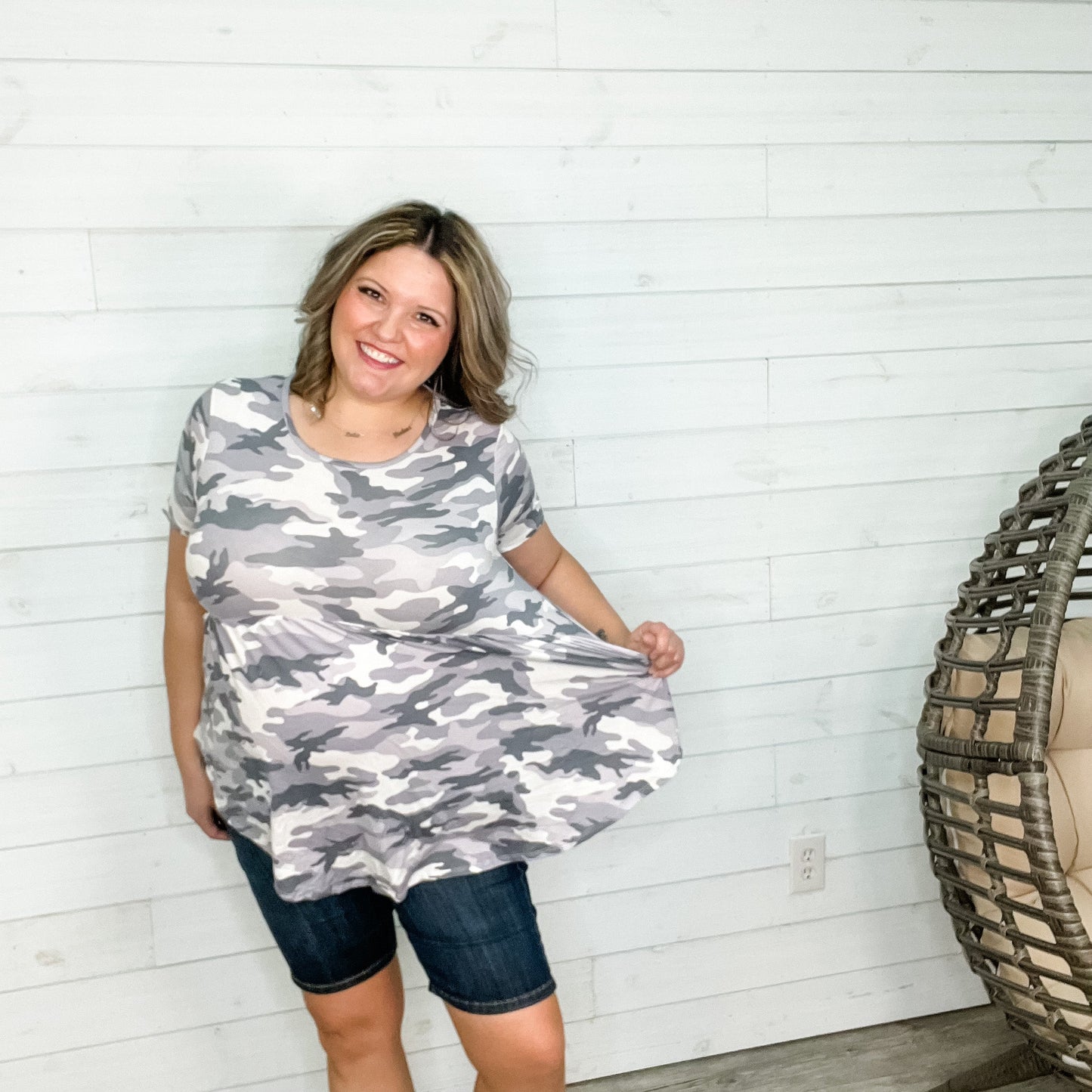"Marlena" Short Sleeve Camo Hi-Low Babydoll