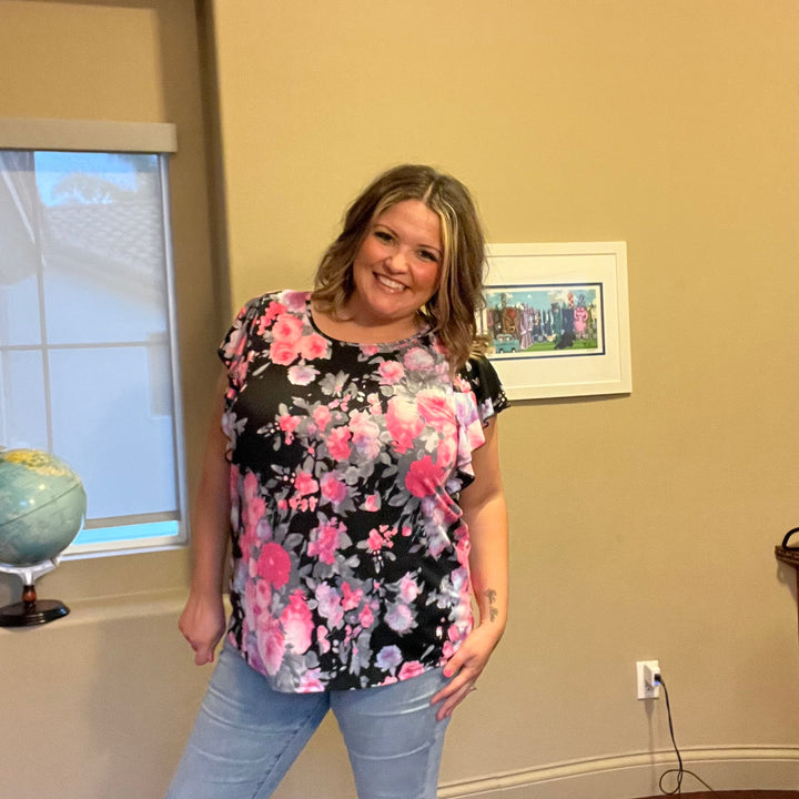 "Mastermind" Floral Round Neck Ruffle Cap Sleeve (Black)