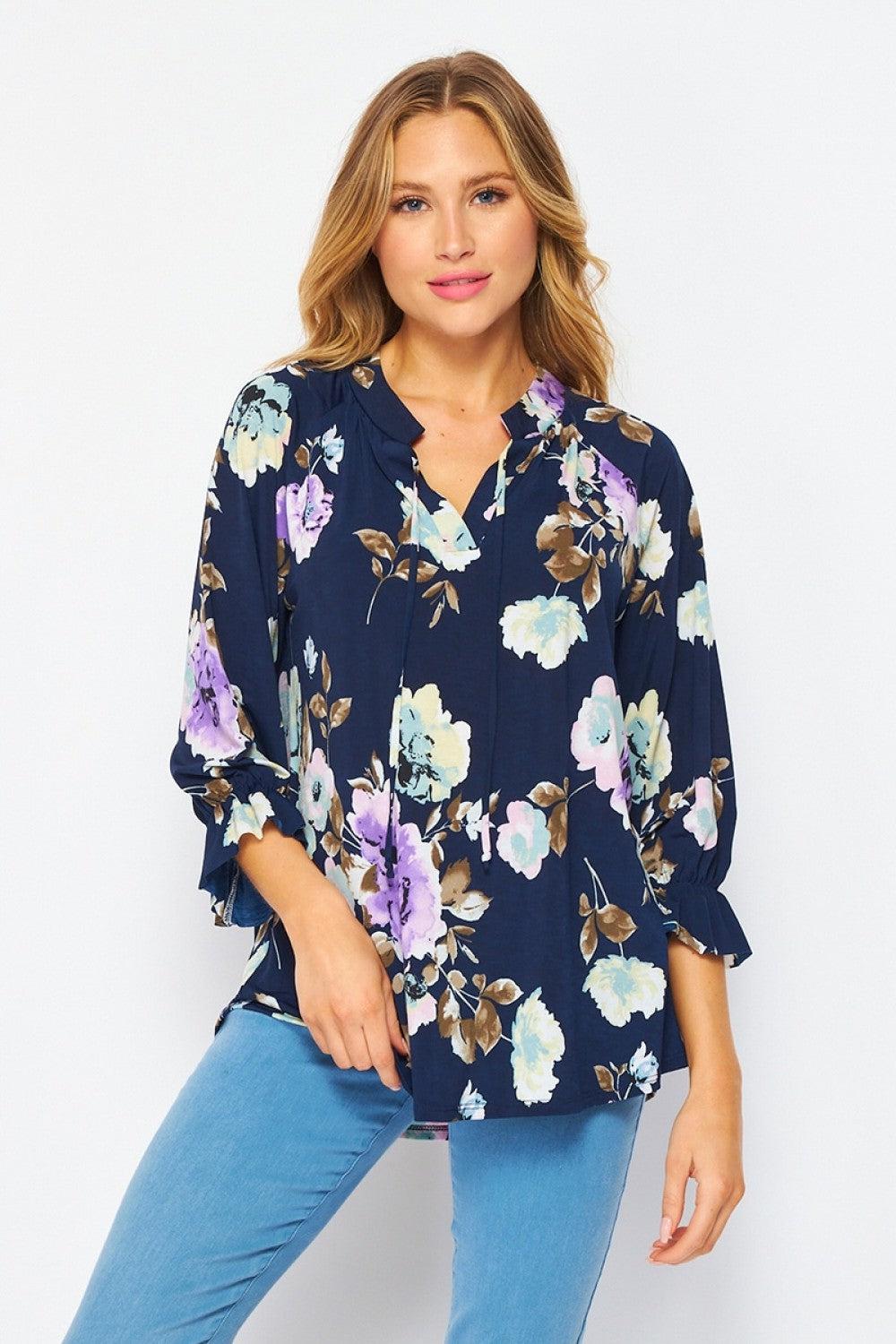 "Masterpiece" Floral Split Neck with Collar Tie and Ruffle Cuff Detail
