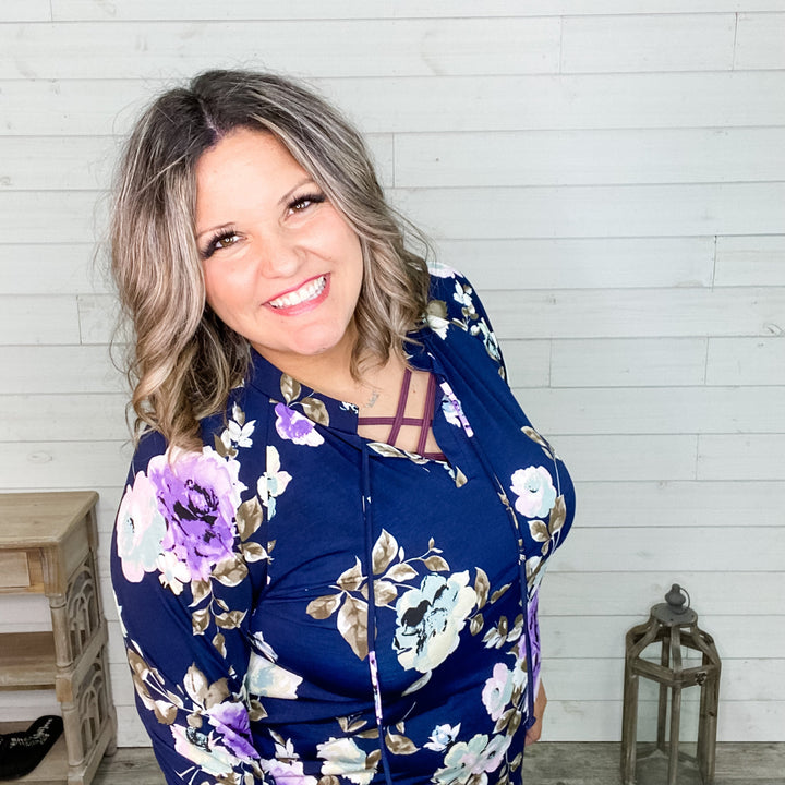 "Masterpiece" Floral Split Neck with Collar Tie and Ruffle Cuff Detail