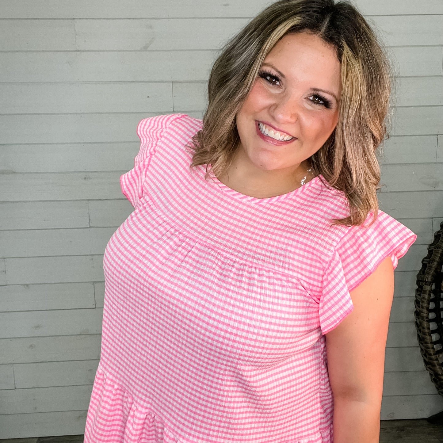 "Meadow" Gingham Ruffle Cap Tiered Top