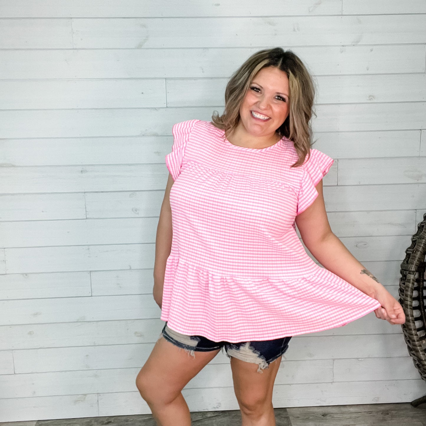 "Meadow" Gingham Ruffle Cap Tiered Top
