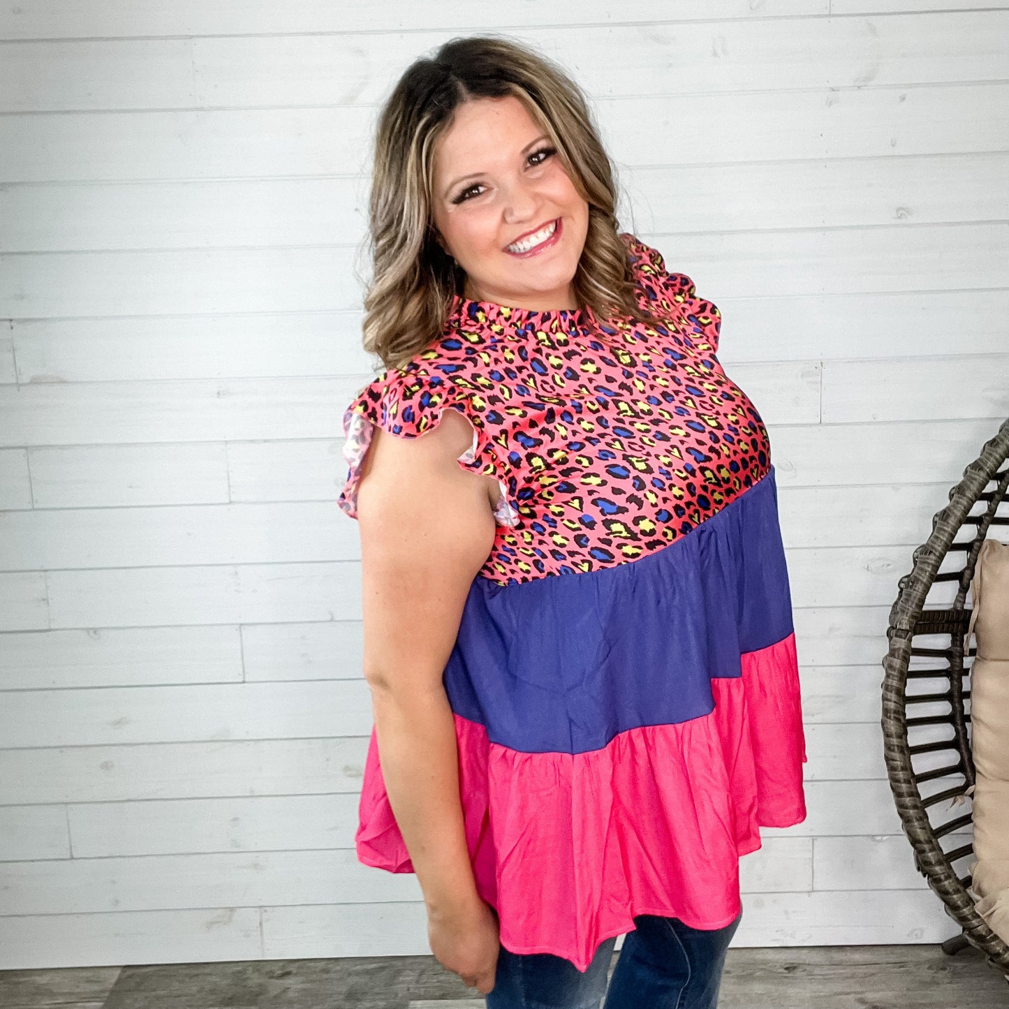 "Mello" Ruffle High Neck Colorblock Butterfly Sleeve