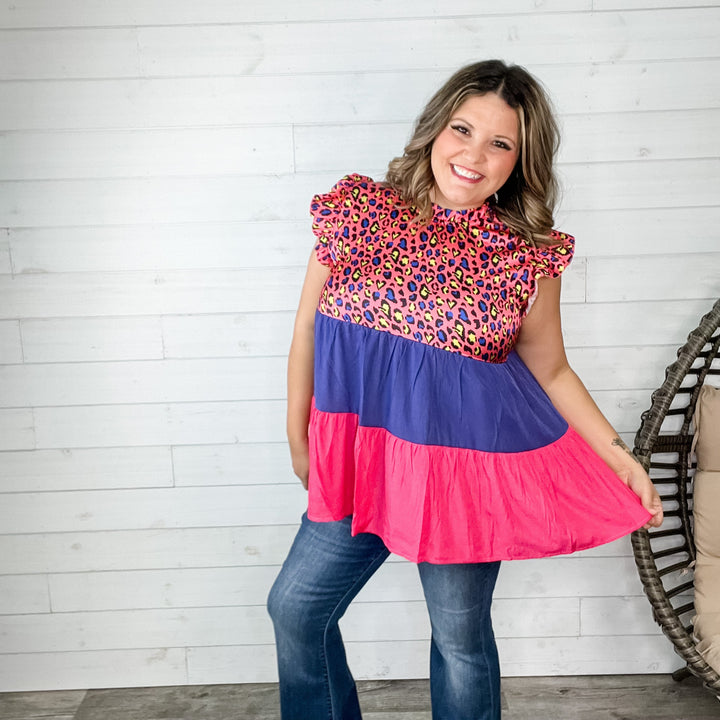 "Mello" Ruffle High Neck Colorblock Butterfly Sleeve