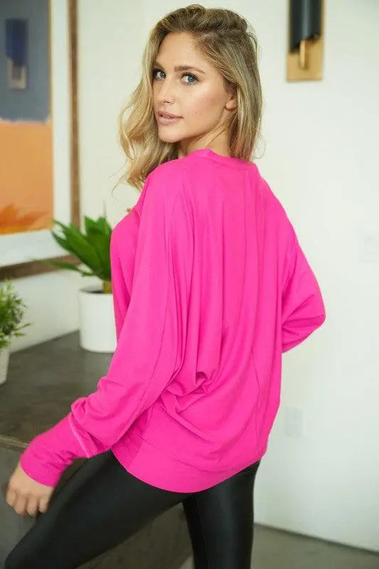 "Melody" Oversized Dolman Sleeve Top with Collar Cut Out Design (Pink)