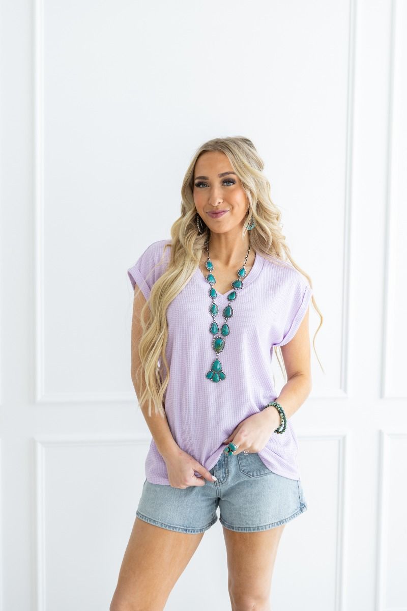 "Mathematics" Waffle Texture V Neck Short Sleeve (Lilac)