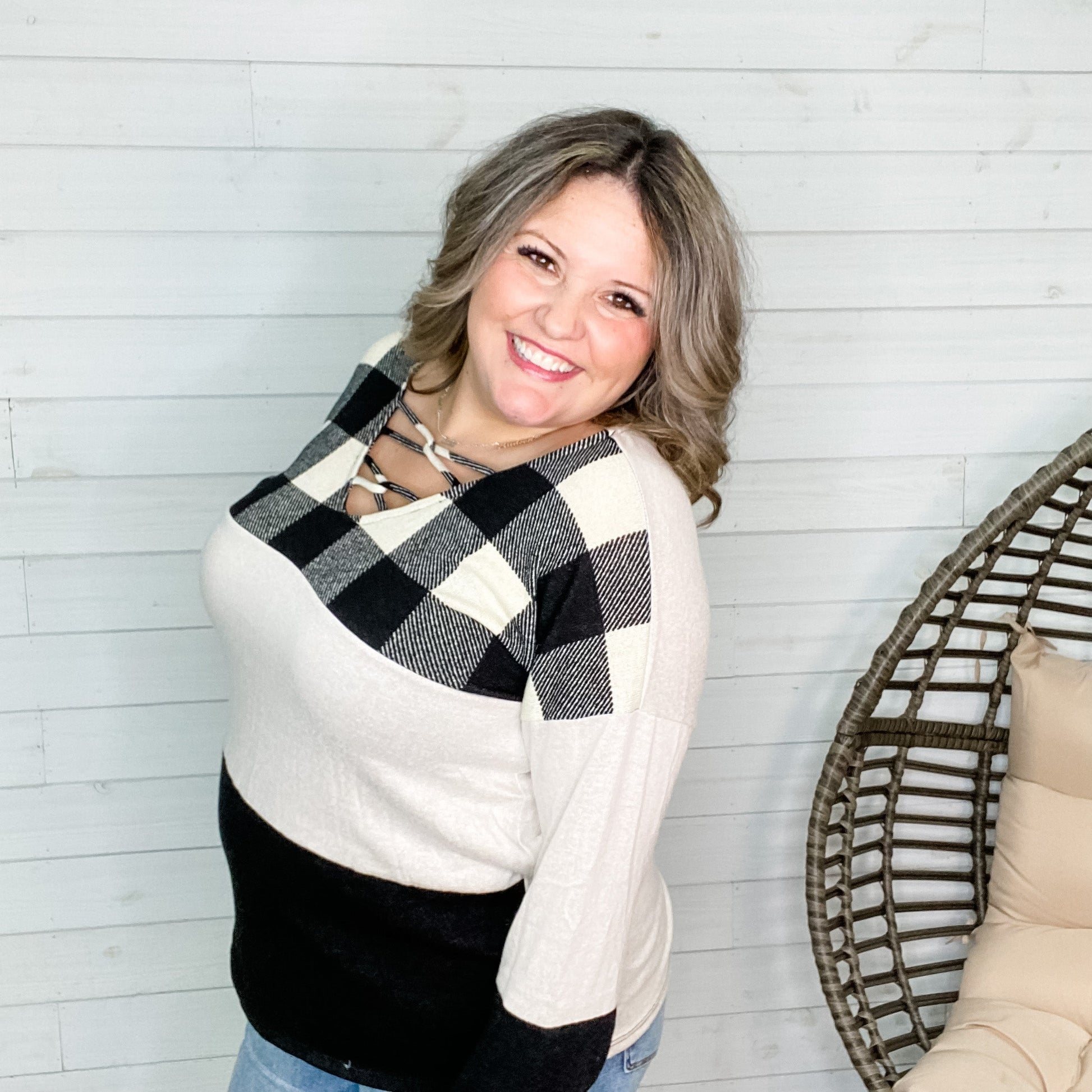 "Micah" Long Sleeve V Neck with Loop Front Detail