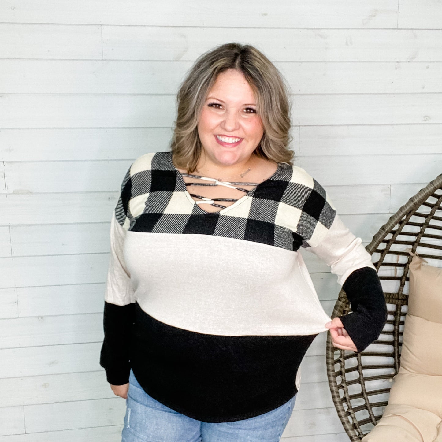 "Micah" Long Sleeve V Neck with Loop Front Detail