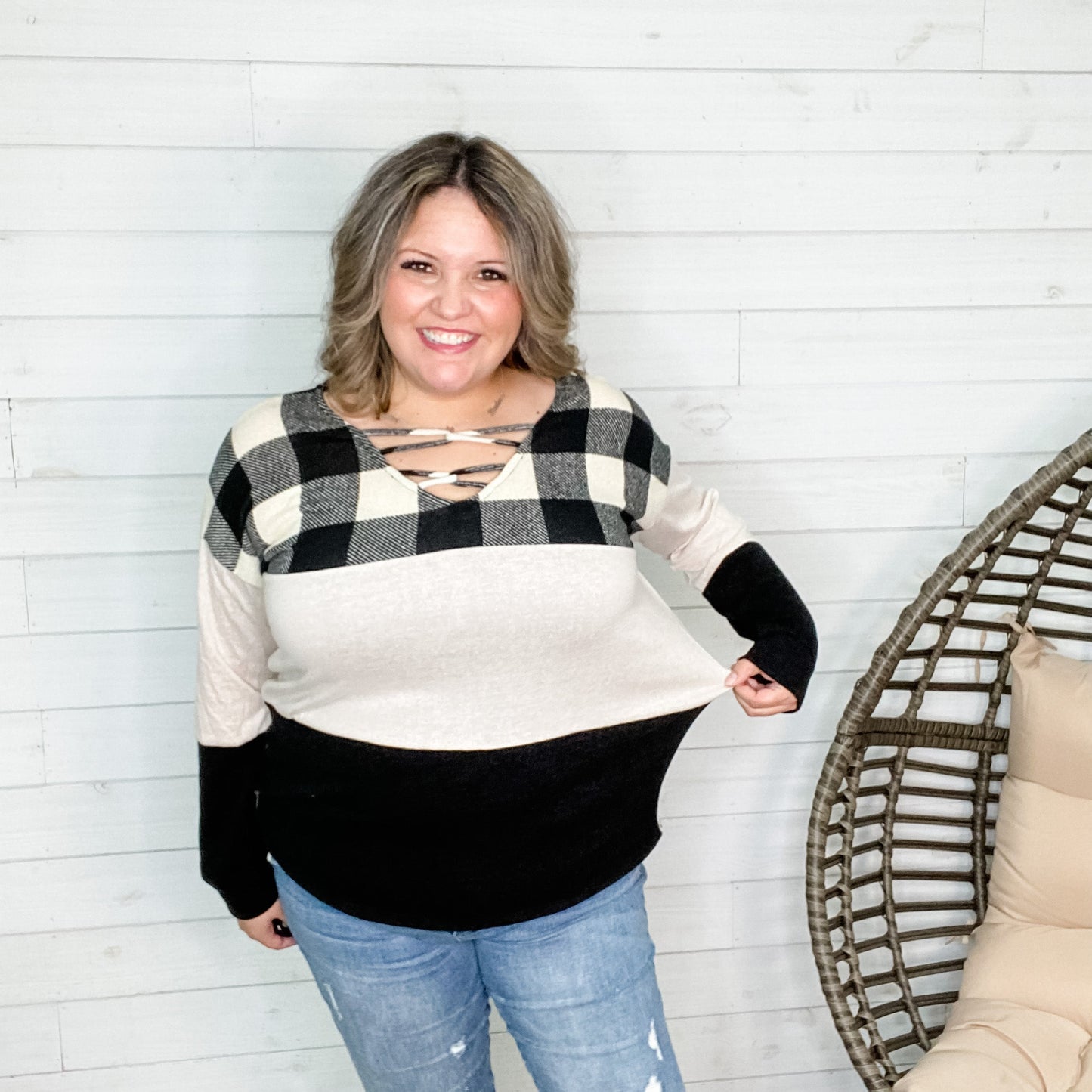 "Micah" Long Sleeve V Neck with Loop Front Detail