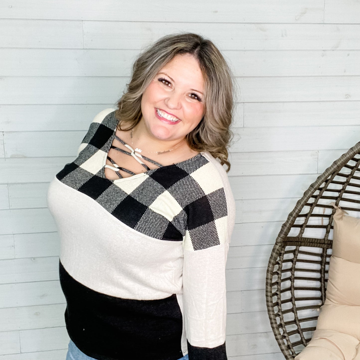 "Micah" Long Sleeve V Neck with Loop Front Detail