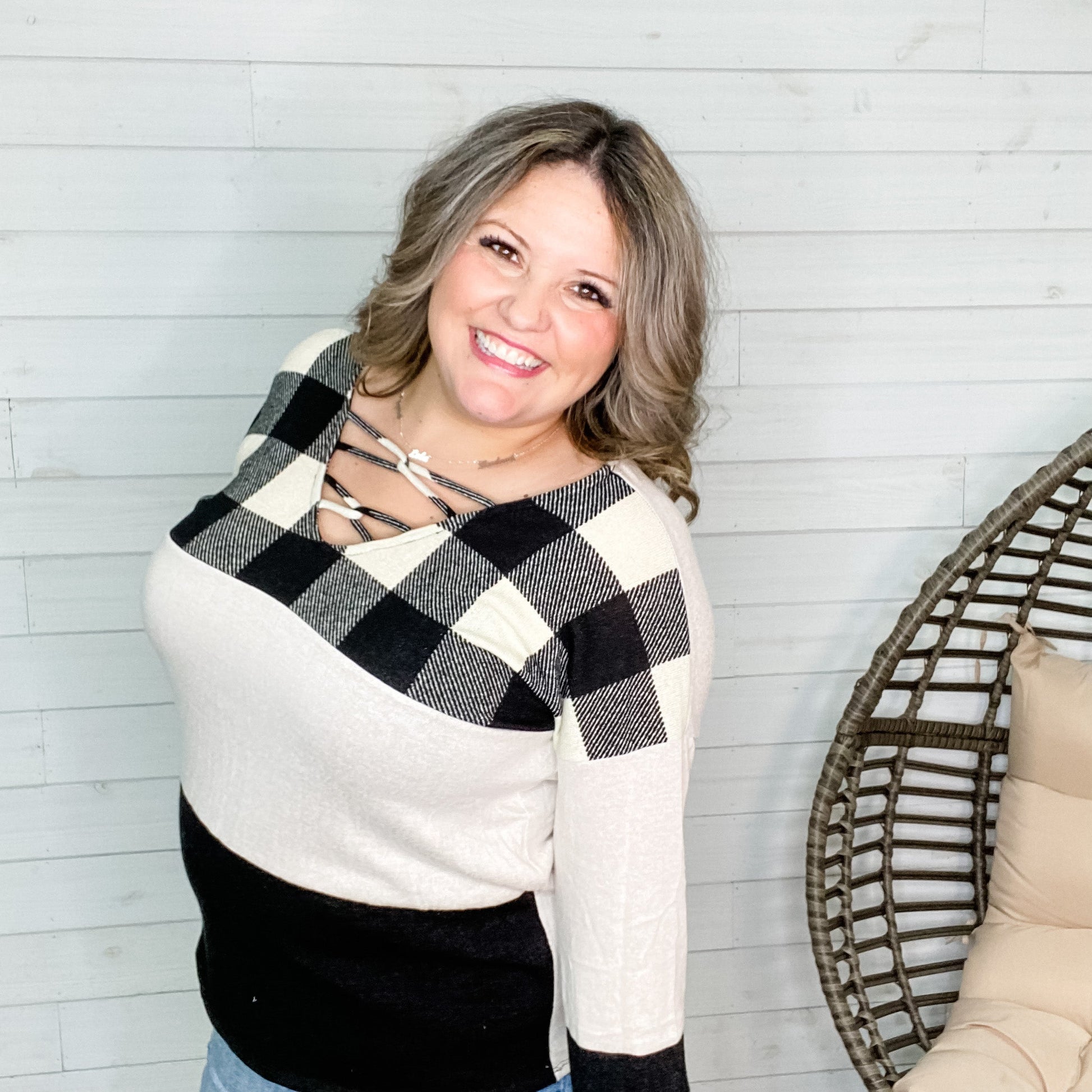 "Micah" Long Sleeve V Neck with Loop Front Detail