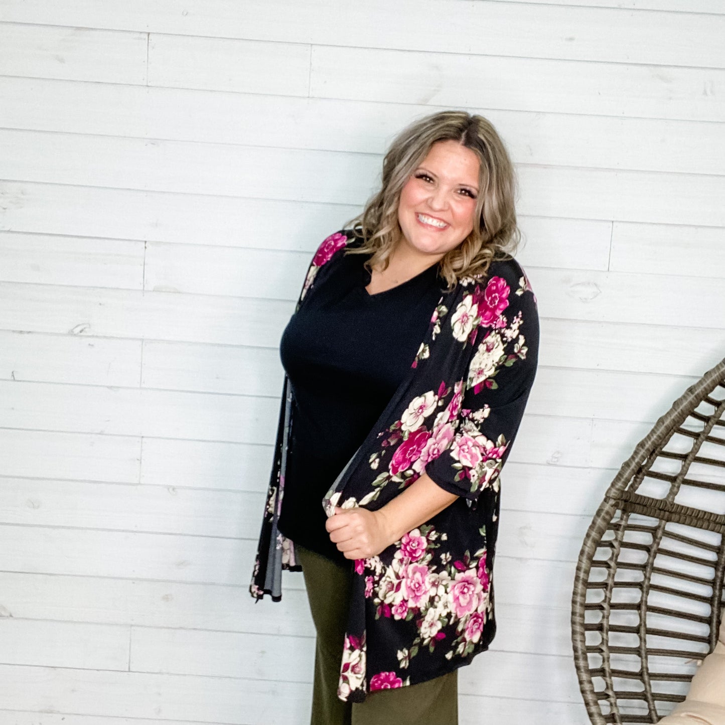 "Midnight Bloom" Floral 3/4 Cardigan