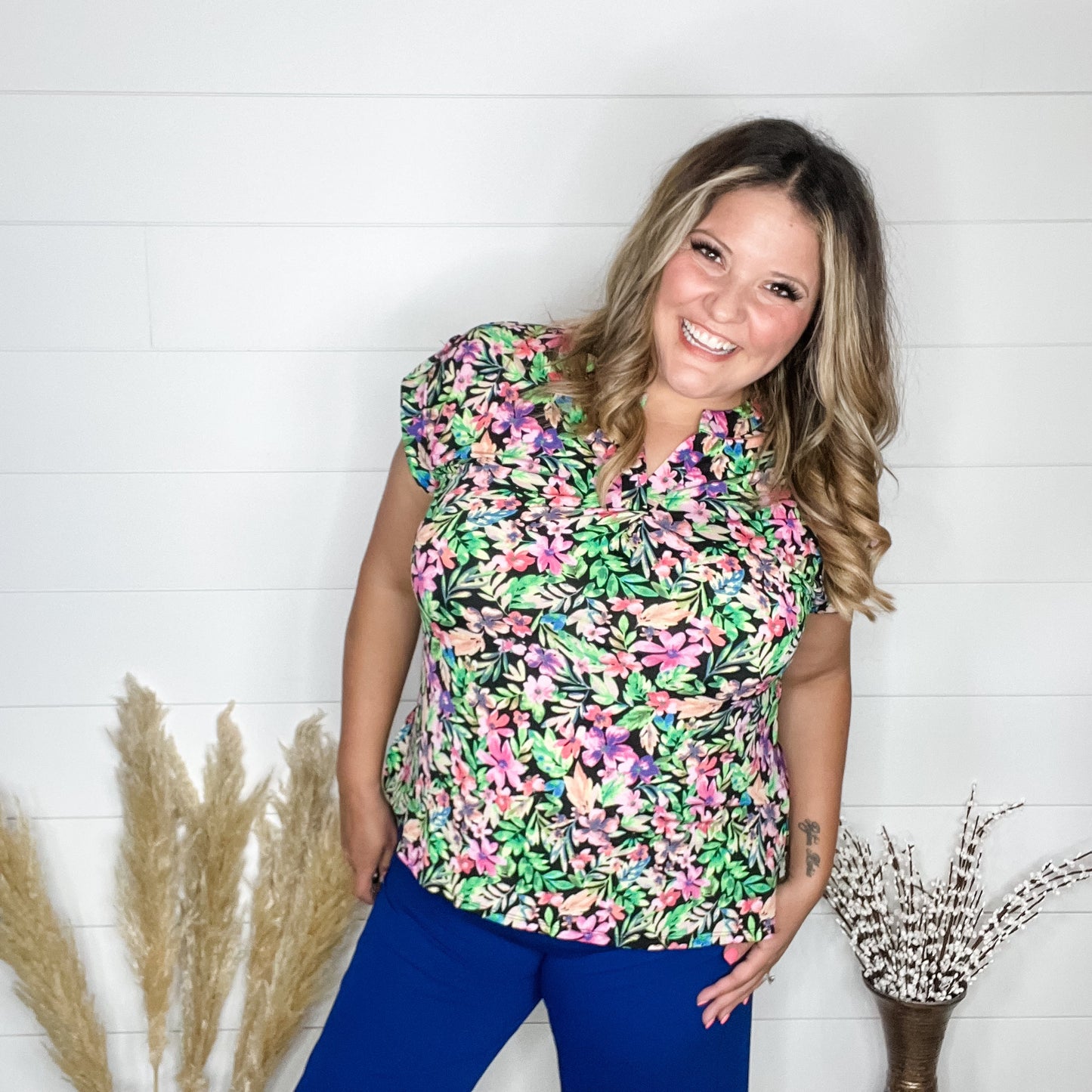 "Midway" Split Neck Cuffed Short Sleeve