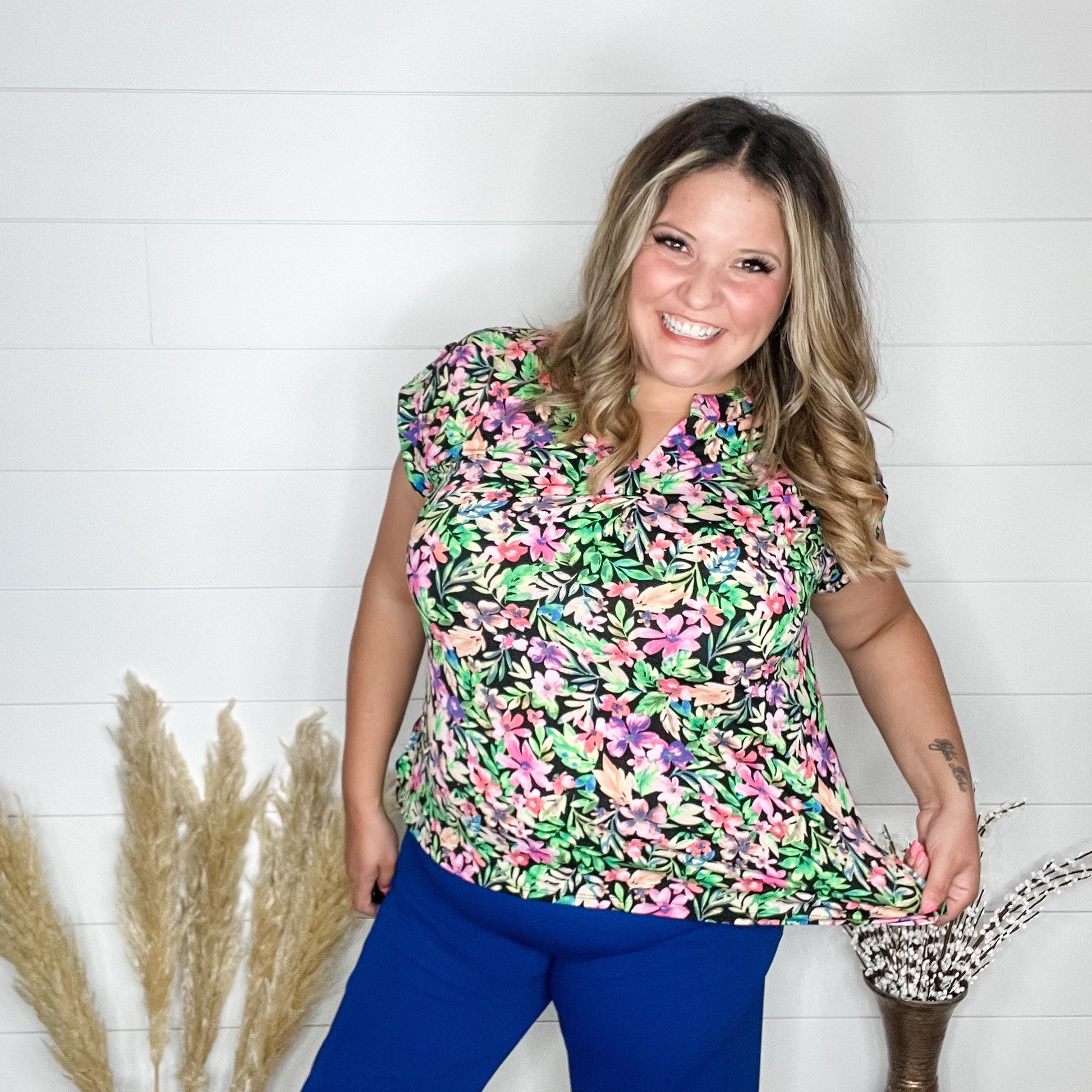 "Midway" Split Neck Cuffed Short Sleeve