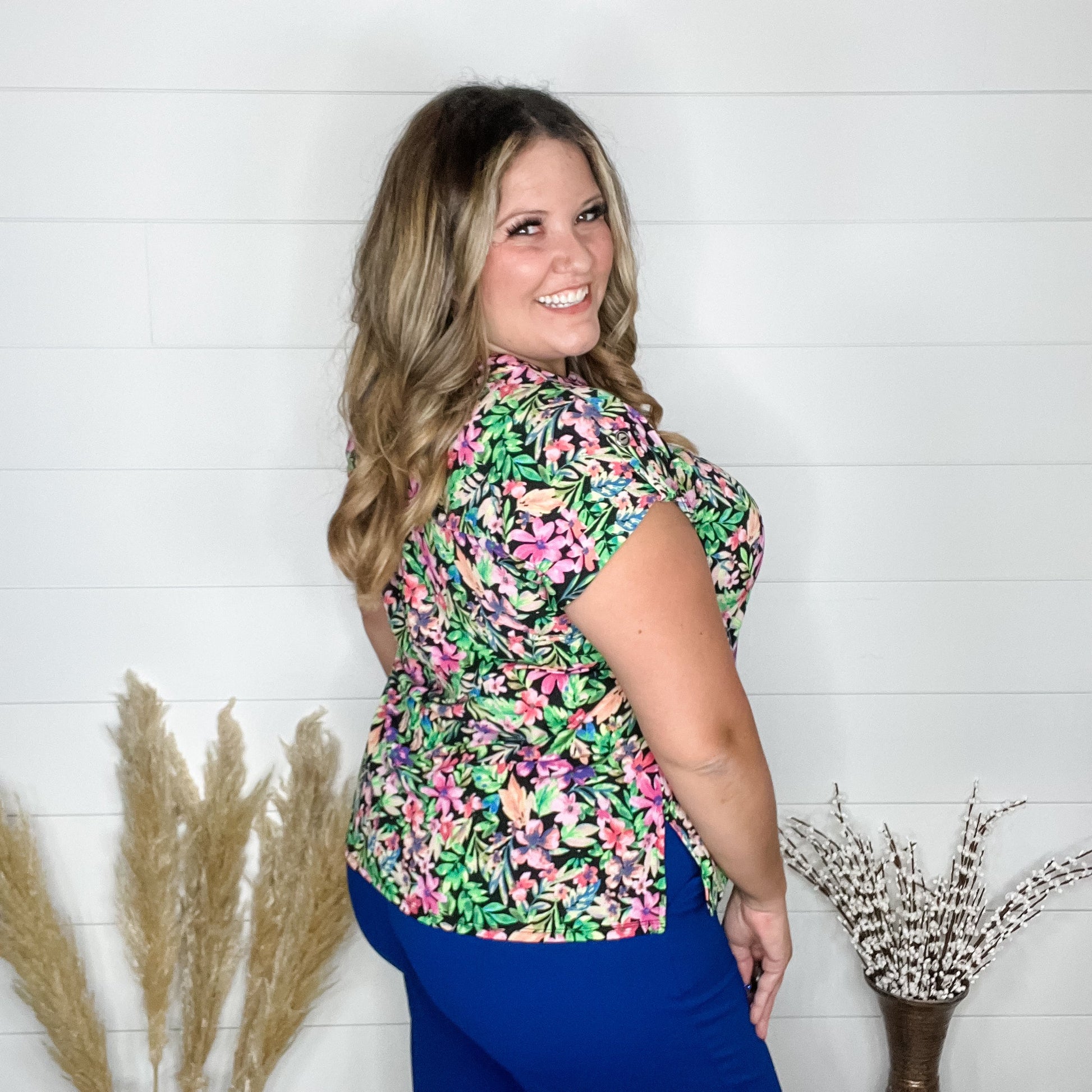 "Midway" Split Neck Cuffed Short Sleeve