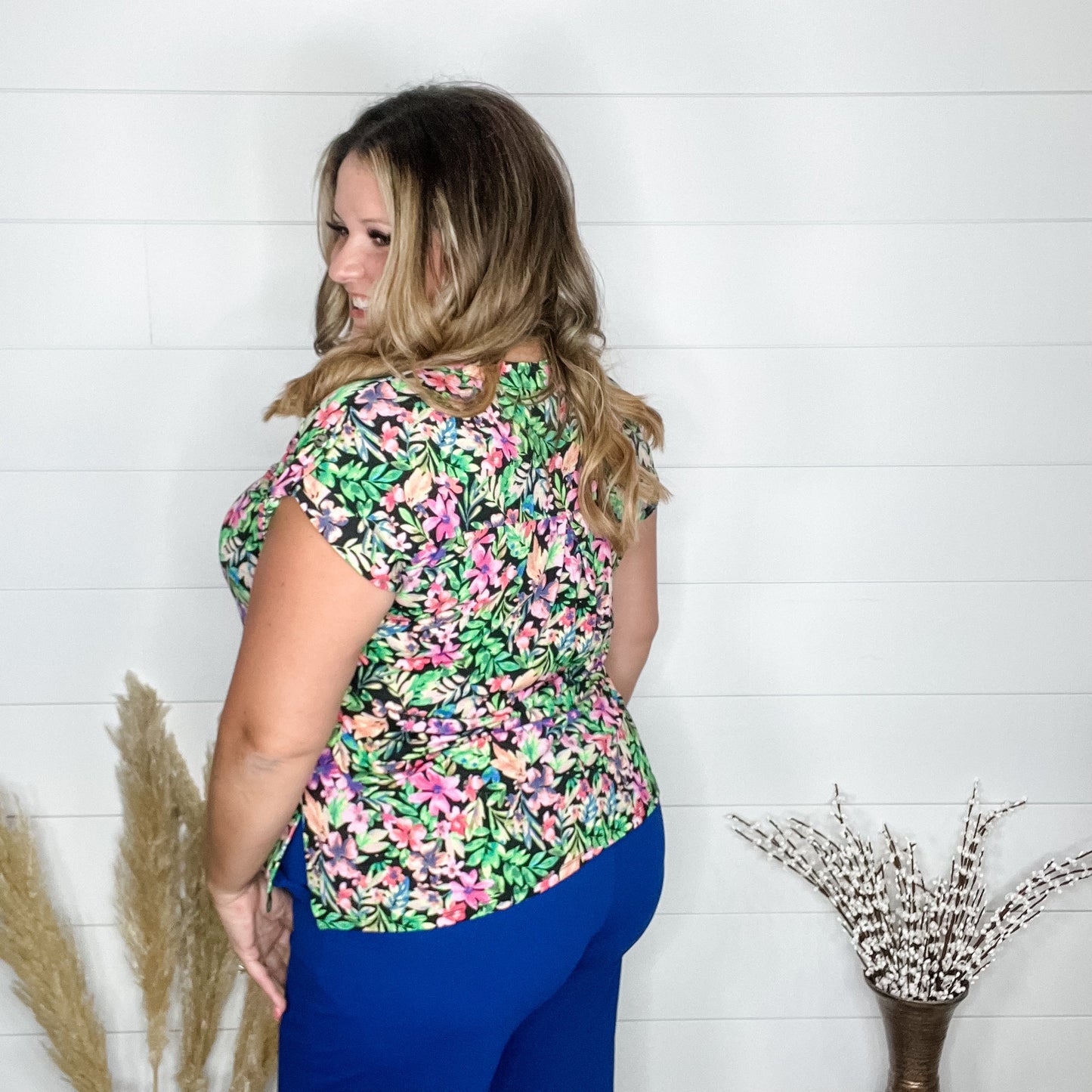 "Midway" Split Neck Cuffed Short Sleeve