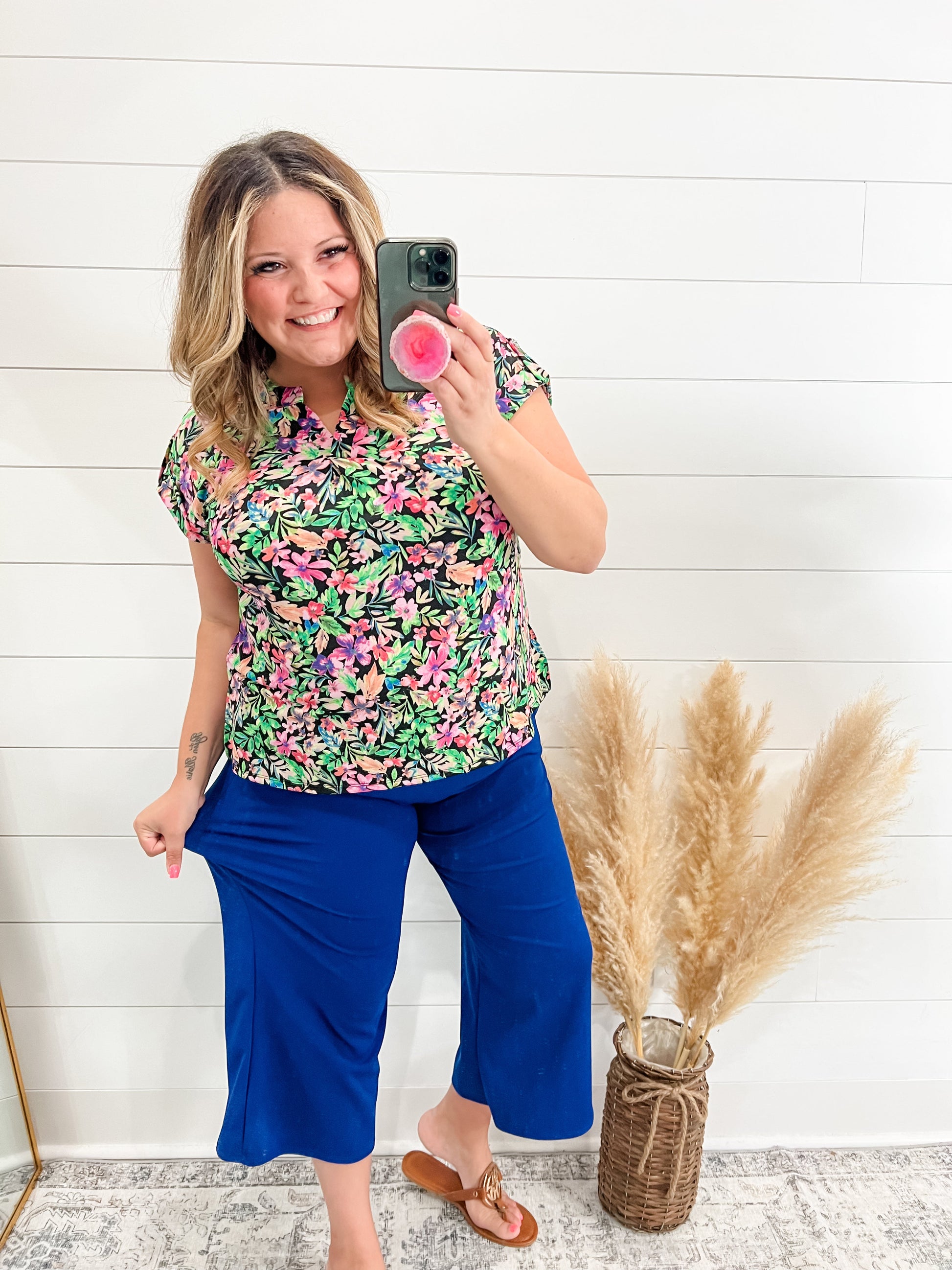 "Midway" Split Neck Cuffed Short Sleeve