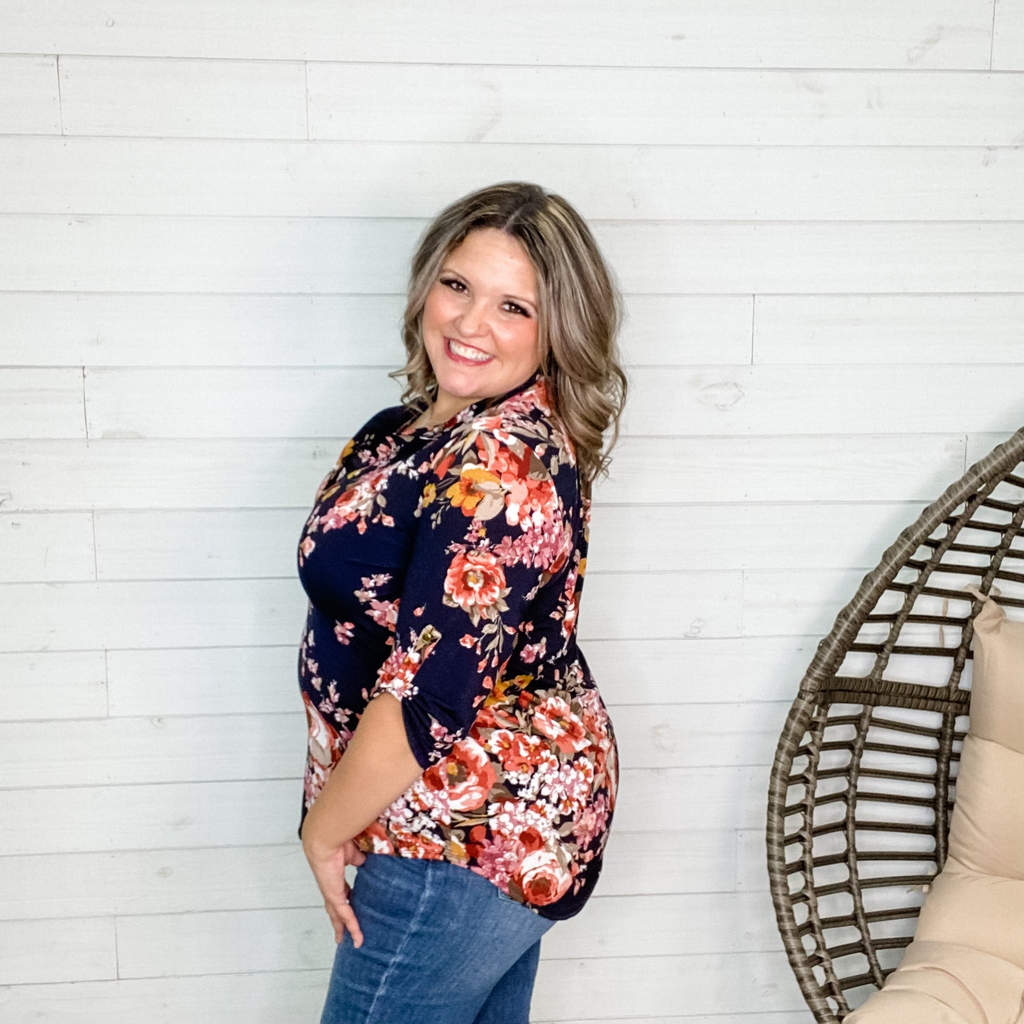 "Milena" Floral Lizzy 3/4 Sleeve Split Neck