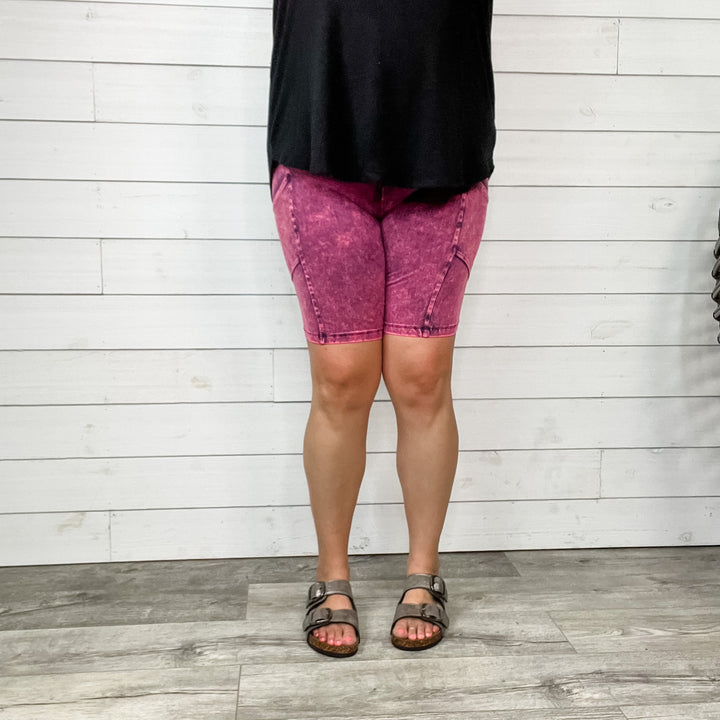 Mineral Wash Cotton No Chub Rub Bike Shorts with Pockets (Magenta)