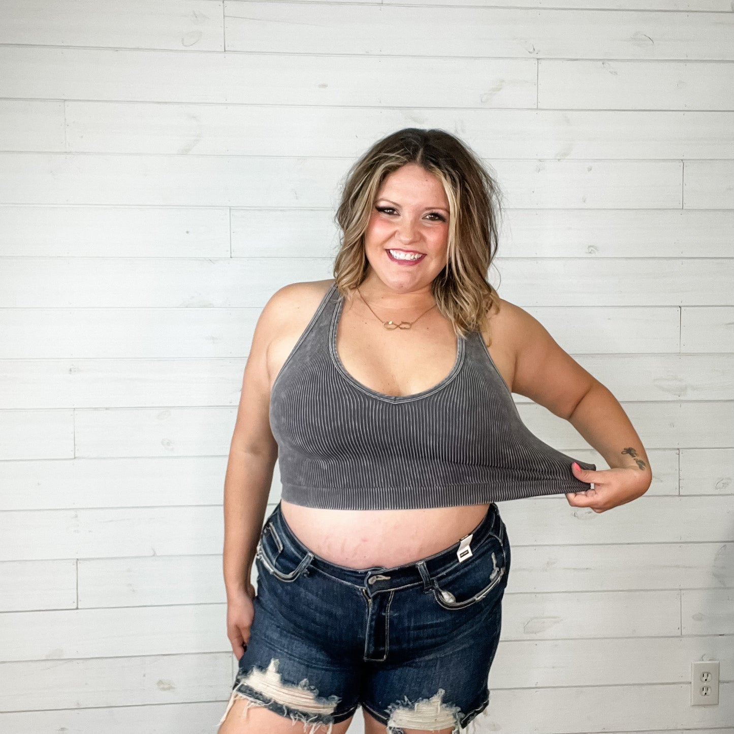 Mineral Wash Ribbed Cropped Racerback Bralette Tank (Multiple Colors)