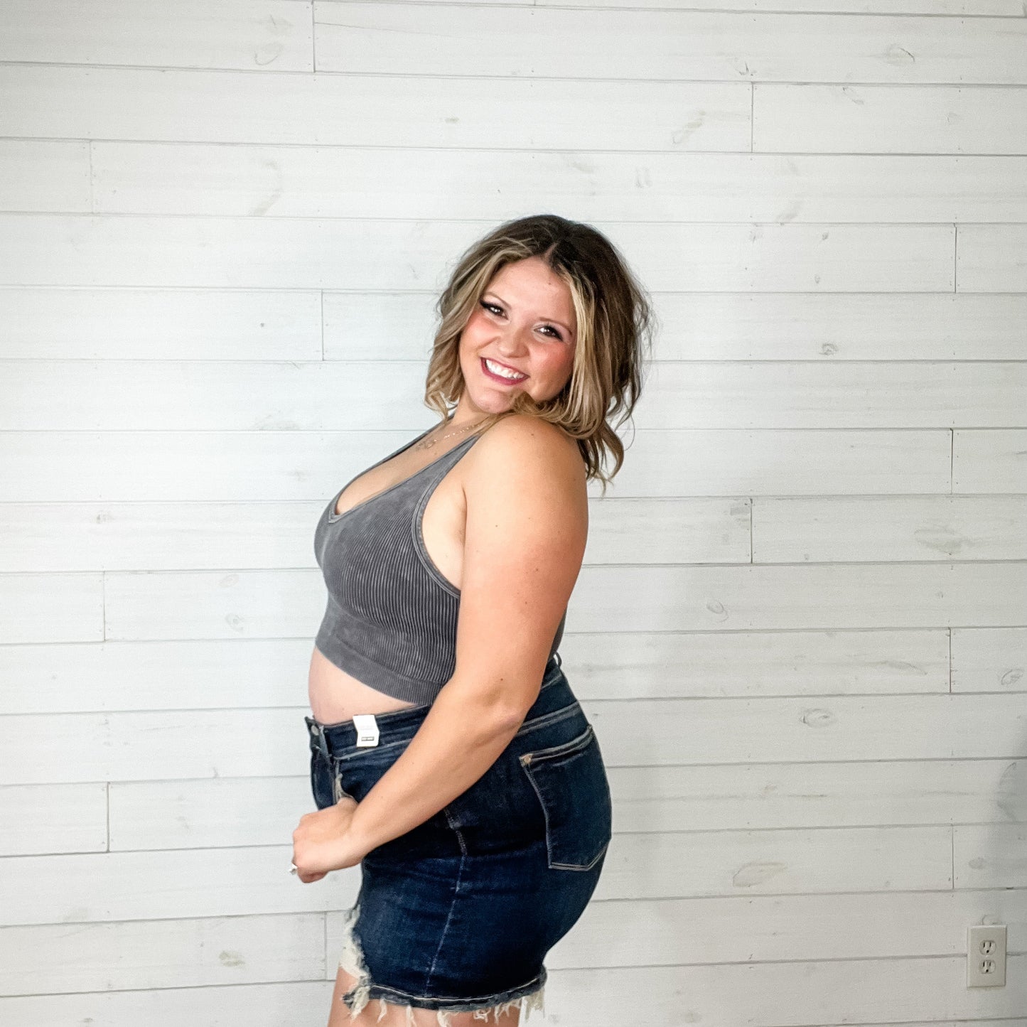 Mineral Wash Ribbed Cropped Racerback Bralette Tank (Multiple Colors)