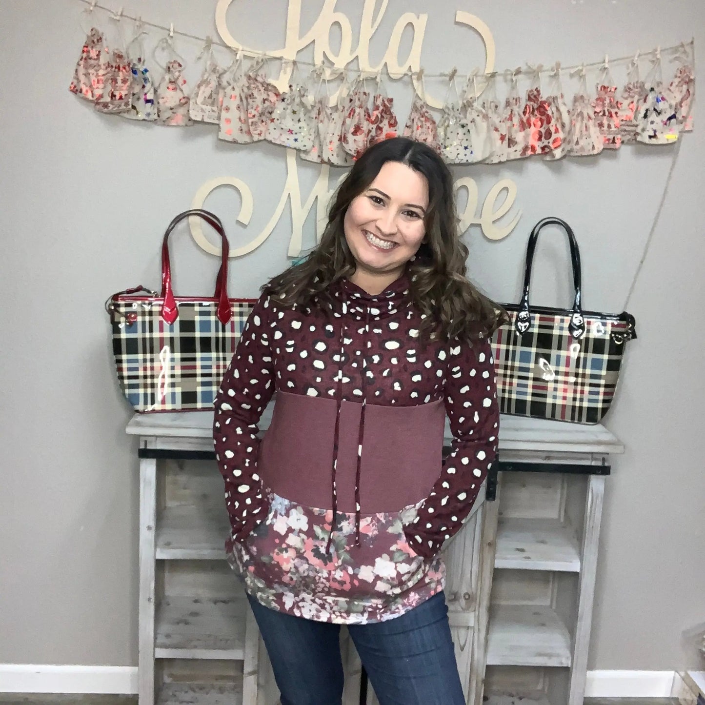 "Mix'n It Up" Animal Print, Floral Color Block Mock Neck Pull Over
