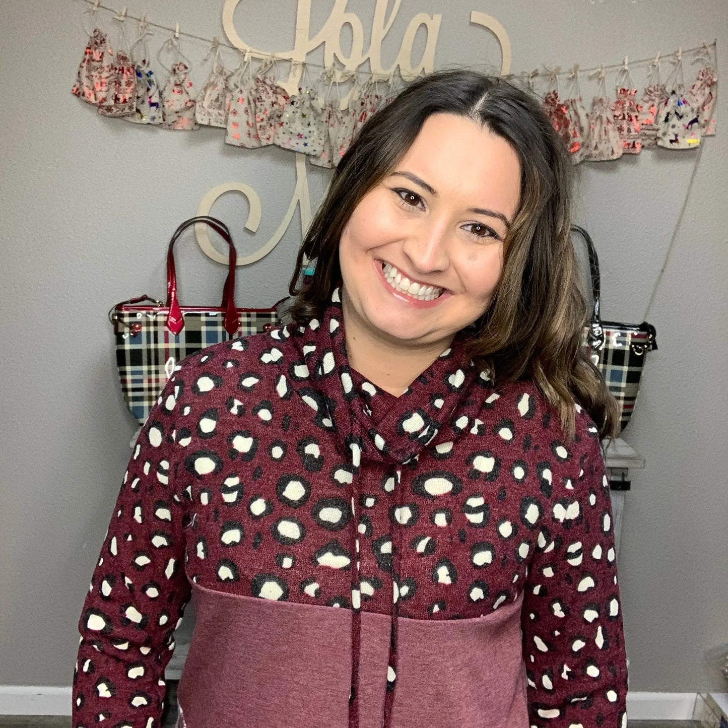 "Mix'n It Up" Animal Print, Floral Color Block Mock Neck Pull Over