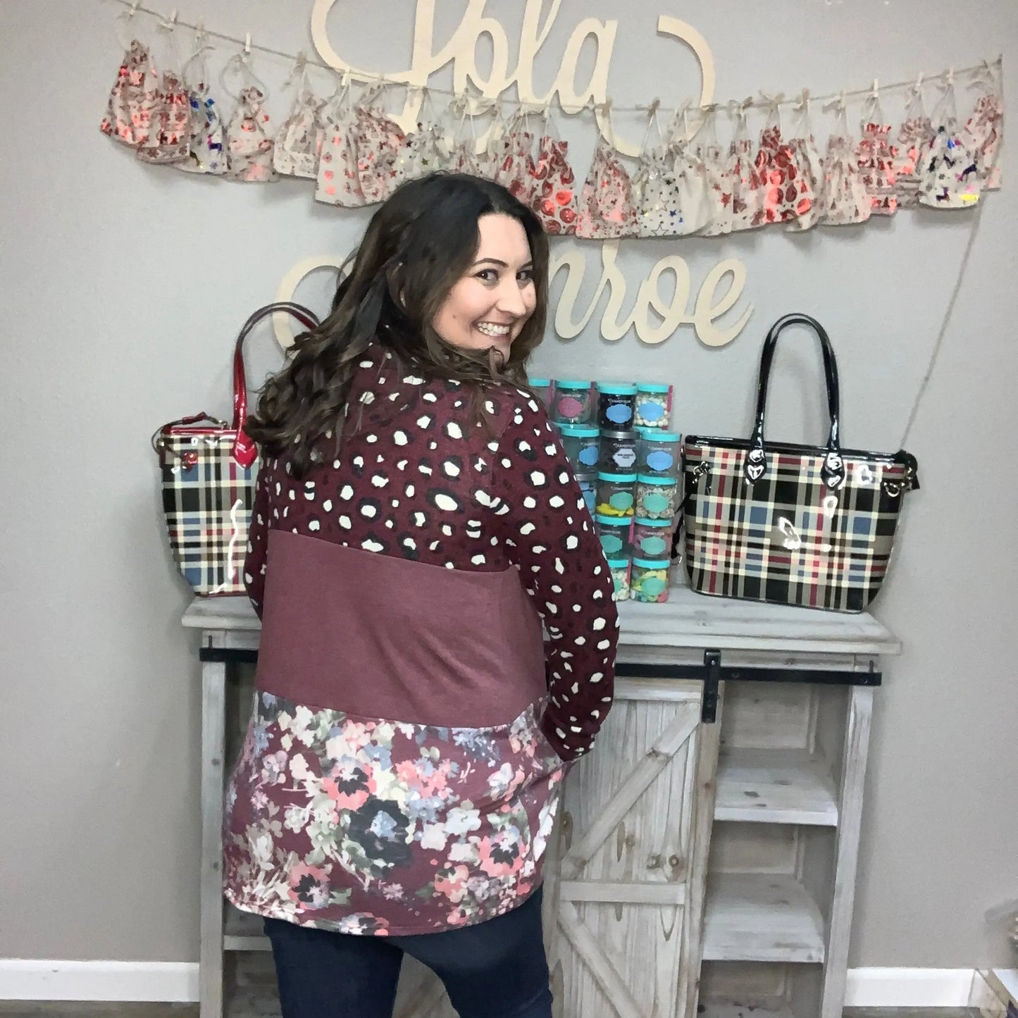 "Mix'n It Up" Animal Print, Floral Color Block Mock Neck Pull Over