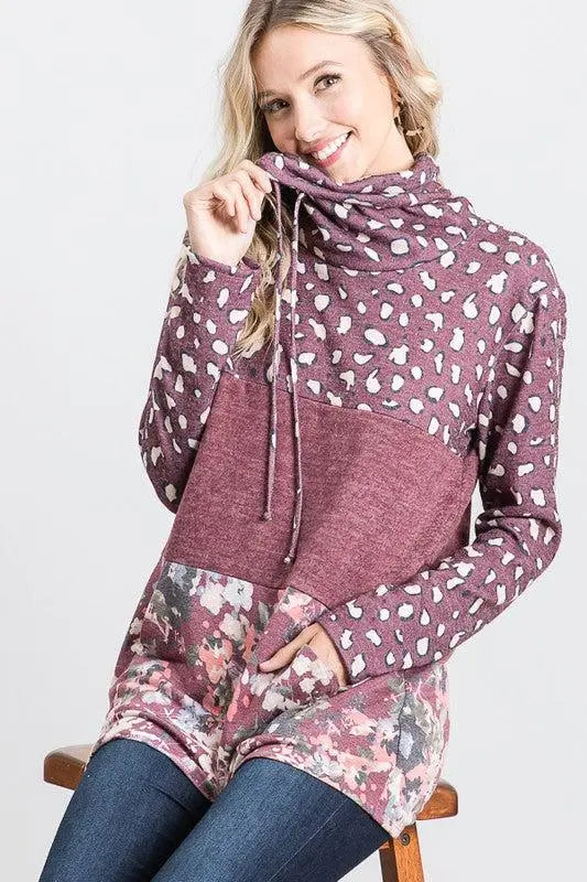 "Mix'n It Up" Animal Print, Floral Color Block Mock Neck Pull Over