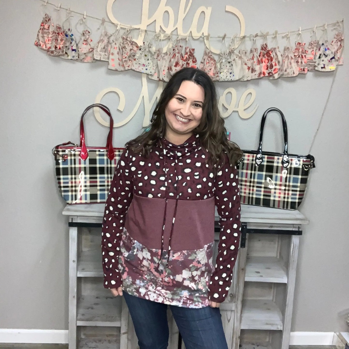 "Mix'n It Up" Animal Print, Floral Color Block Mock Neck Pull Over