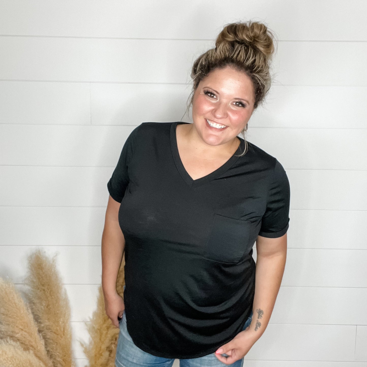 "Naive" V Neck Boyfriend Tee with Pocket