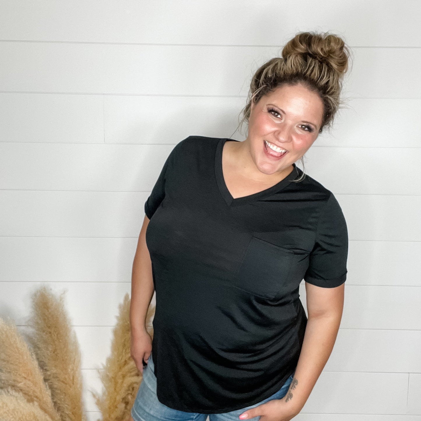 "Naive" V Neck Boyfriend Tee with Pocket