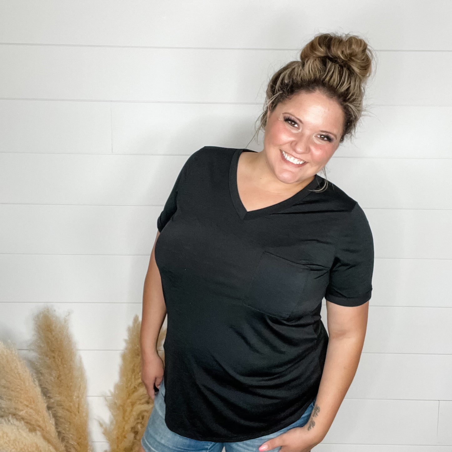 "Naive" V Neck Boyfriend Tee with Pocket