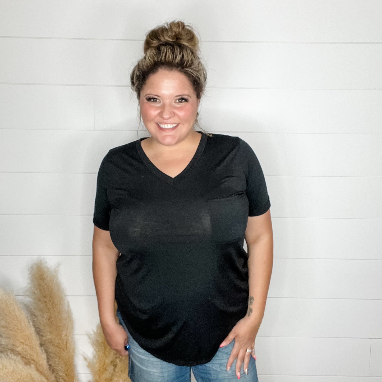 "Naive" V Neck Boyfriend Tee with Pocket