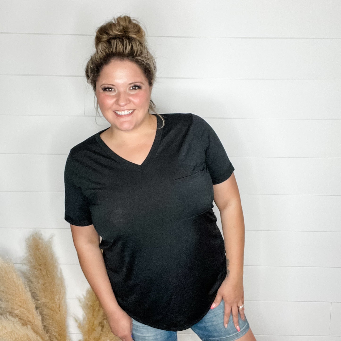 "Naive" V Neck Boyfriend Tee with Pocket
