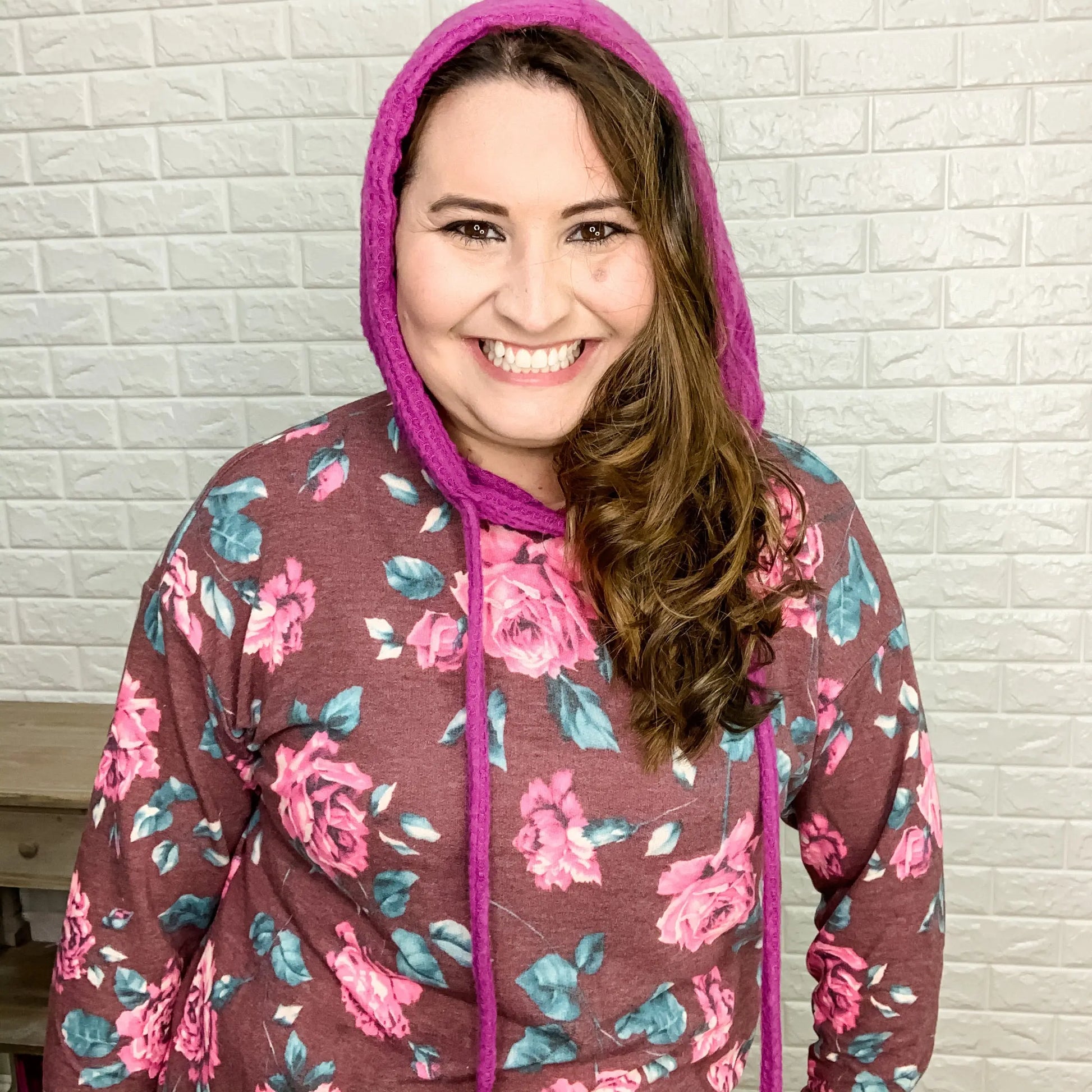 "Naomi" Floral Body Hoodie with Waffle Texture Accents