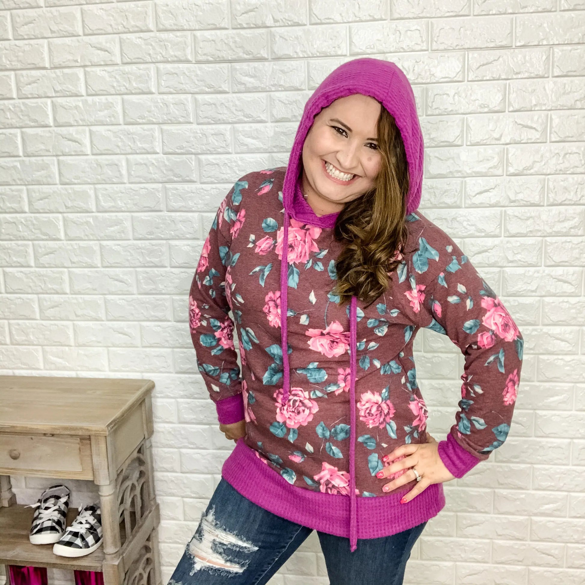 "Naomi" Floral Body Hoodie with Waffle Texture Accents