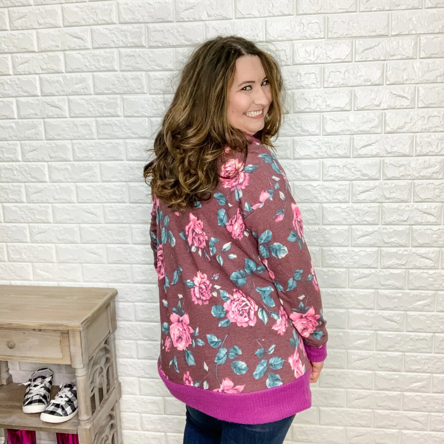 "Naomi" Floral Body Hoodie with Waffle Texture Accents