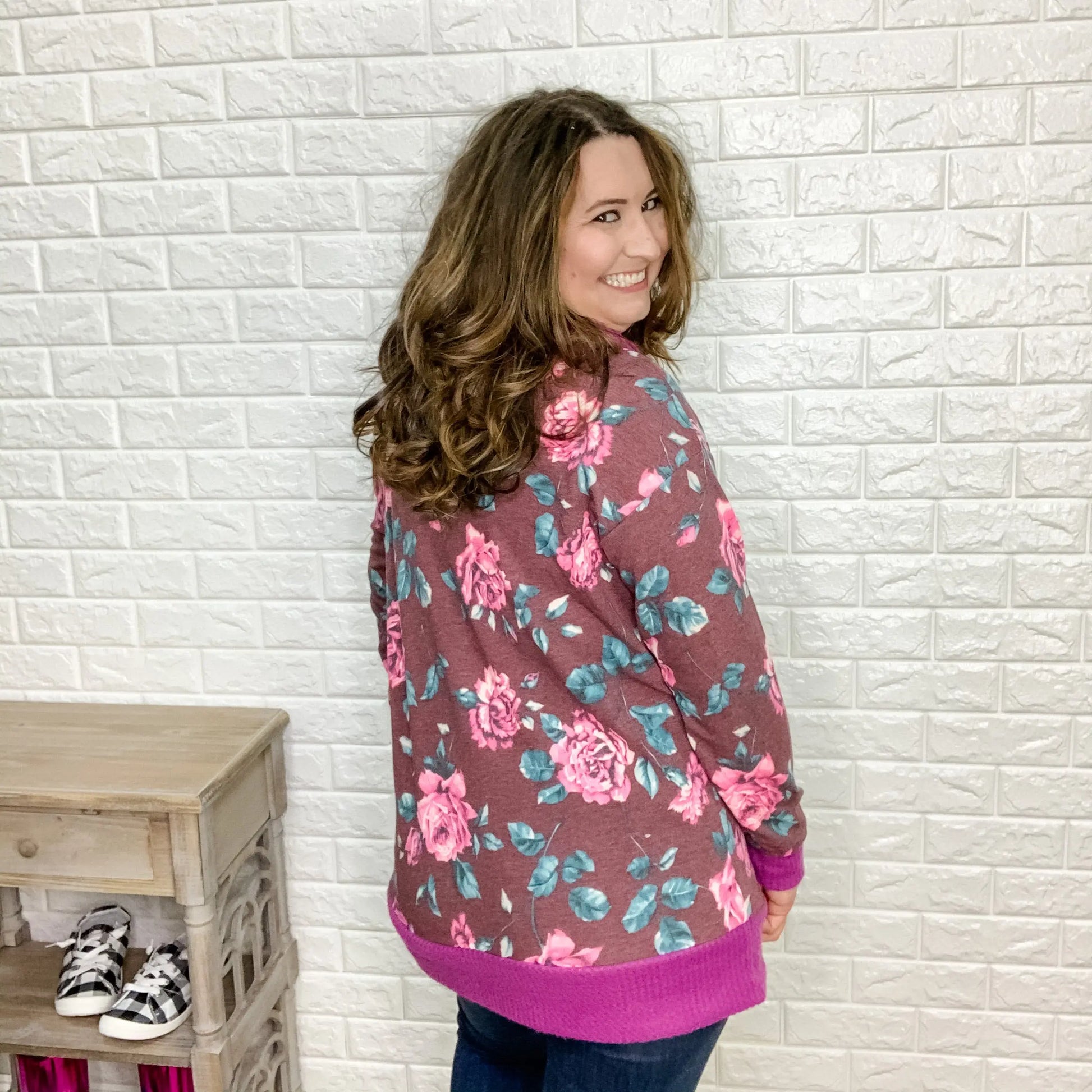 "Naomi" Floral Body Hoodie with Waffle Texture Accents