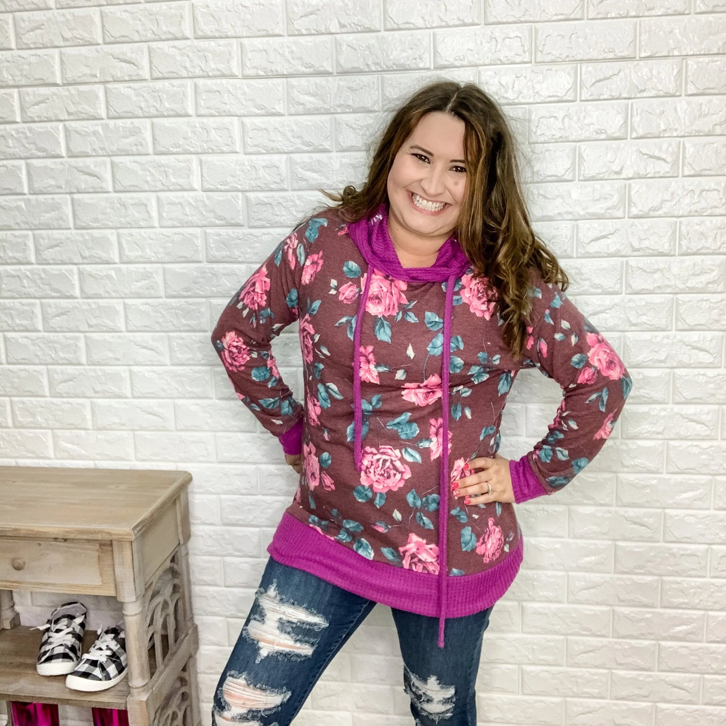 "Naomi" Floral Body Hoodie with Waffle Texture Accents