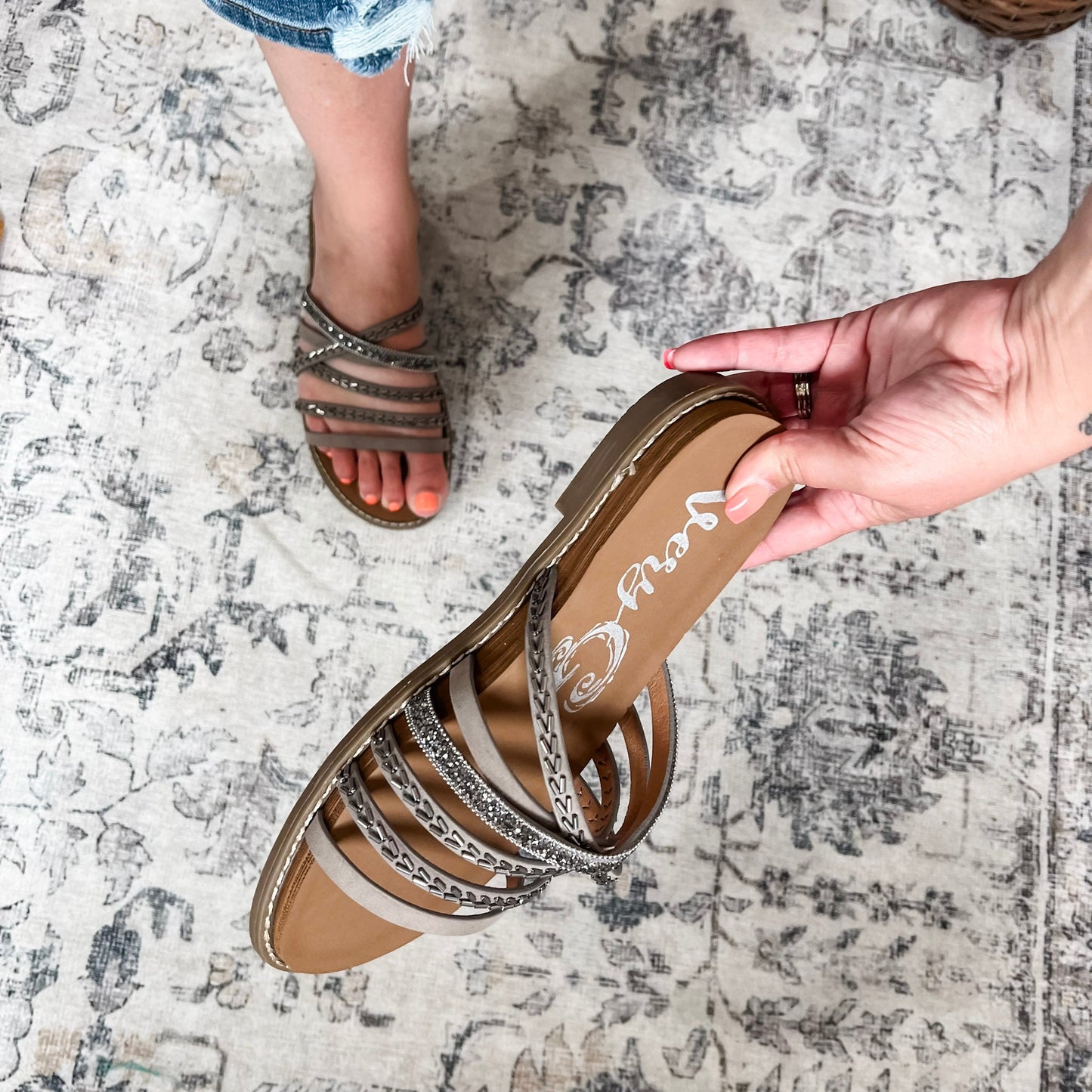 "Natalie" Bead and Gem Embellished Flat Sandal By Very G (Grey)