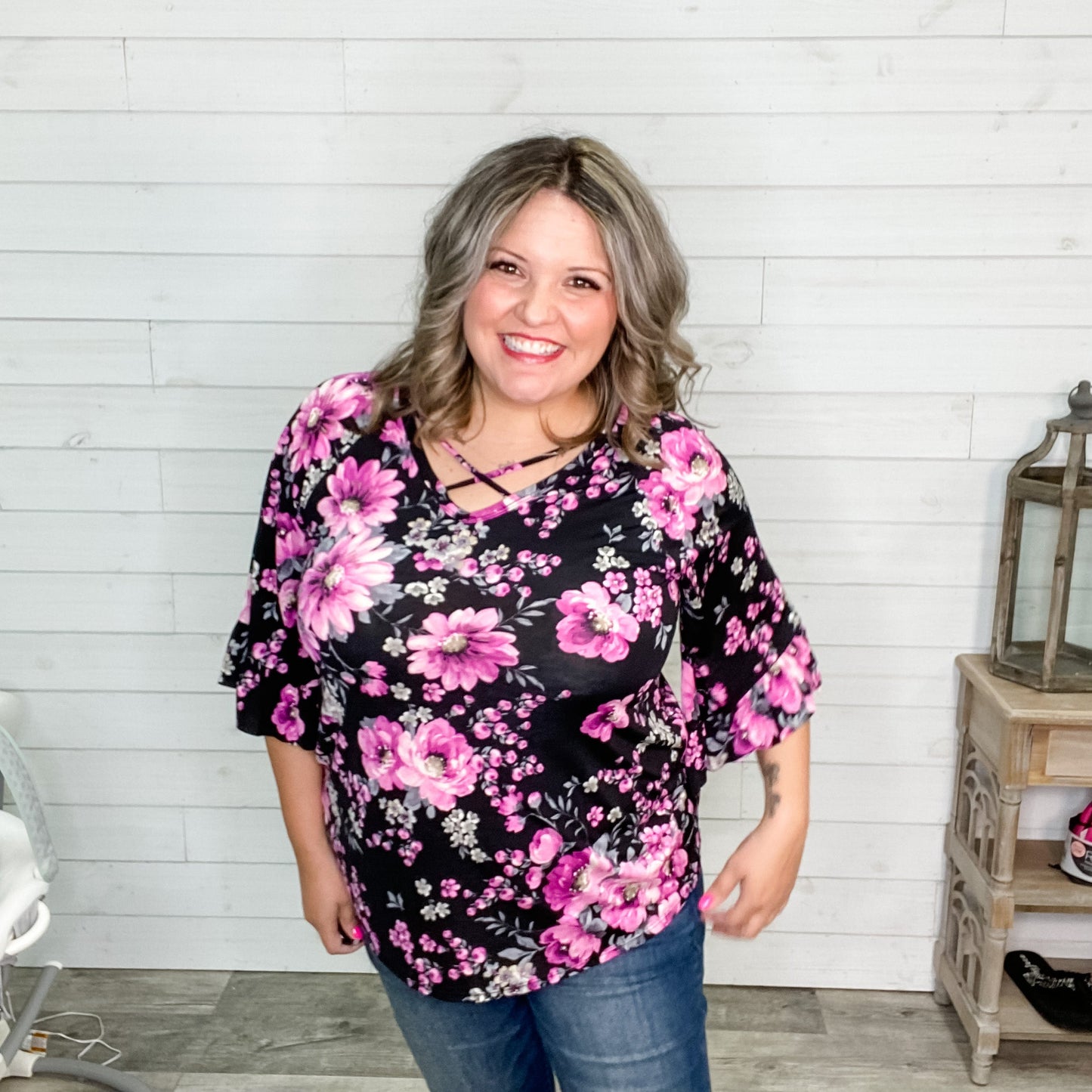 "Nellie" Floral 3/4 Ruffle Sleeve with Criss Cross Detail