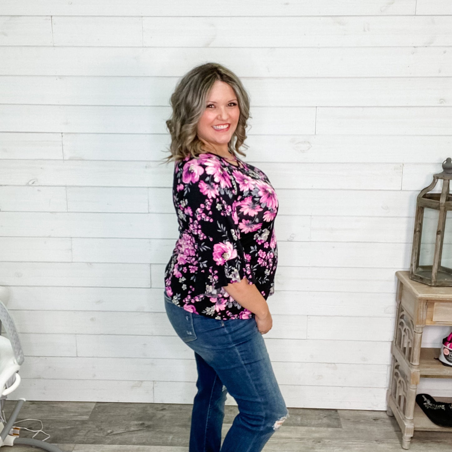 "Nellie" Floral 3/4 Ruffle Sleeve with Criss Cross Detail
