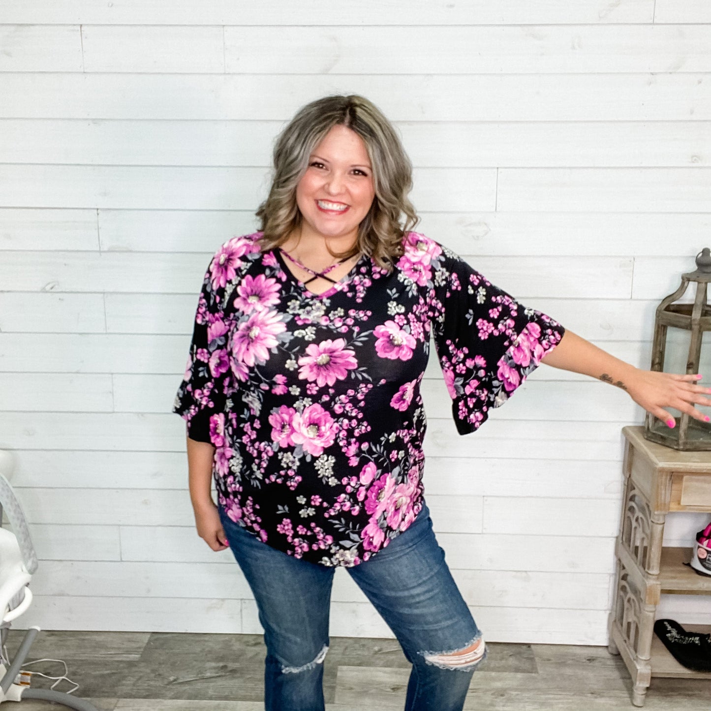 "Nellie" Floral 3/4 Ruffle Sleeve with Criss Cross Detail