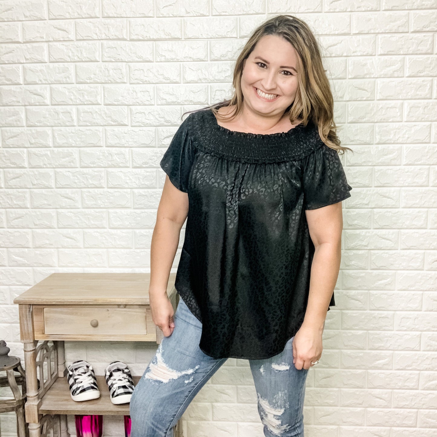 "Night On The Prowl" Ruched Neckline Top