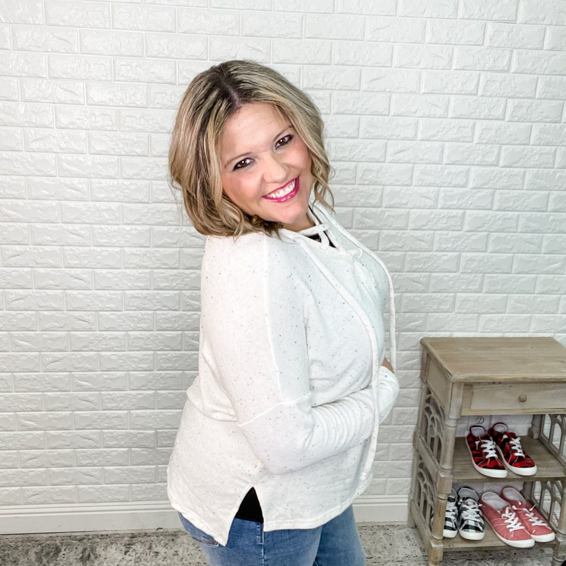 "Nikki" Rainbow Confetti Lace Up Front Long Sleeve with Side Slits